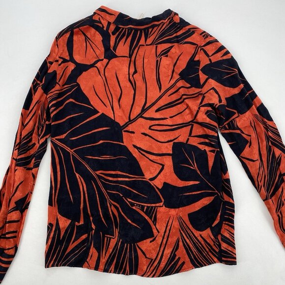 Zara Size Small Leaf Print Collar V-Neck Button Front Long Sleeve Blouse Satin - Picture 11 of 12